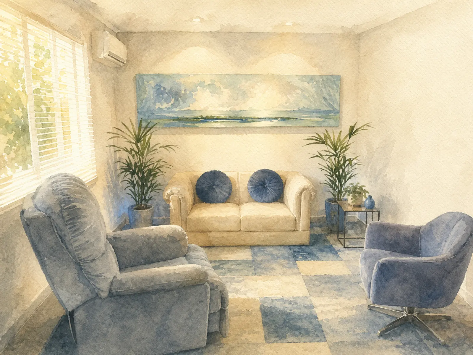 Sala de atendimento da Clínica Mais Vida em Água Verde, Curitiba, em estilo aquarela suave